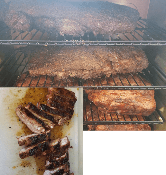 Rib tips smoking in a meat smoker and cut up on a plate